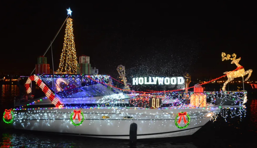 Picture of a decorated boat going down the channel